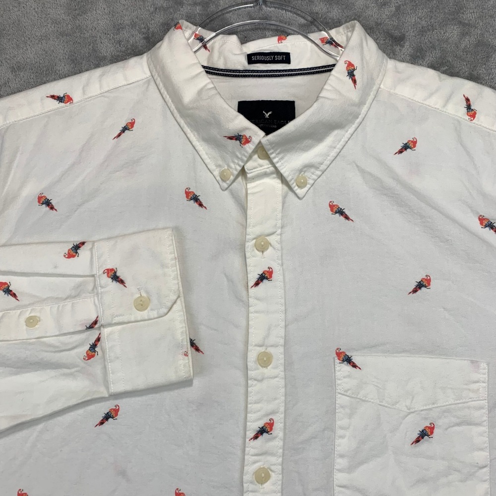 American Eagle Seriously Soft Parrot Shirt XLT White Button Down Tropical Preppy